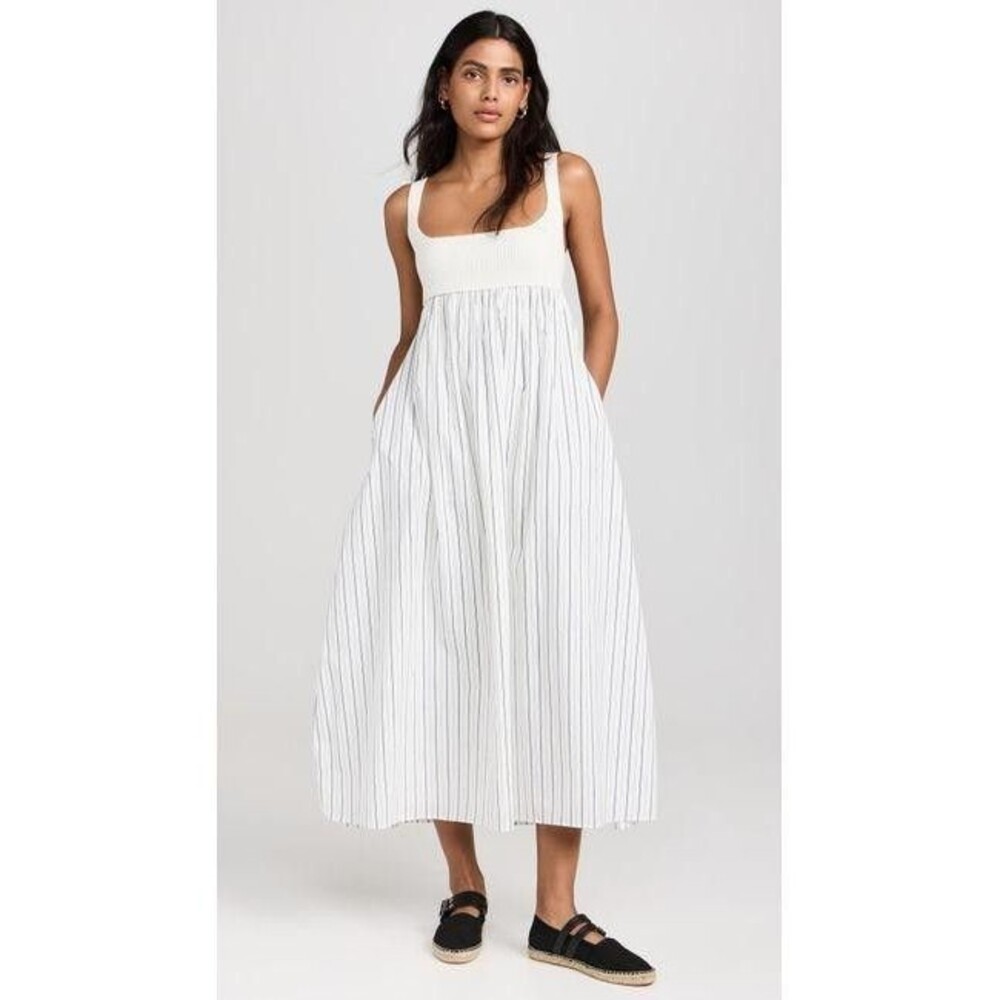English Factory Tie-Back Knit Combo Striped Maxi Dress — Off White/Navy — Size S
